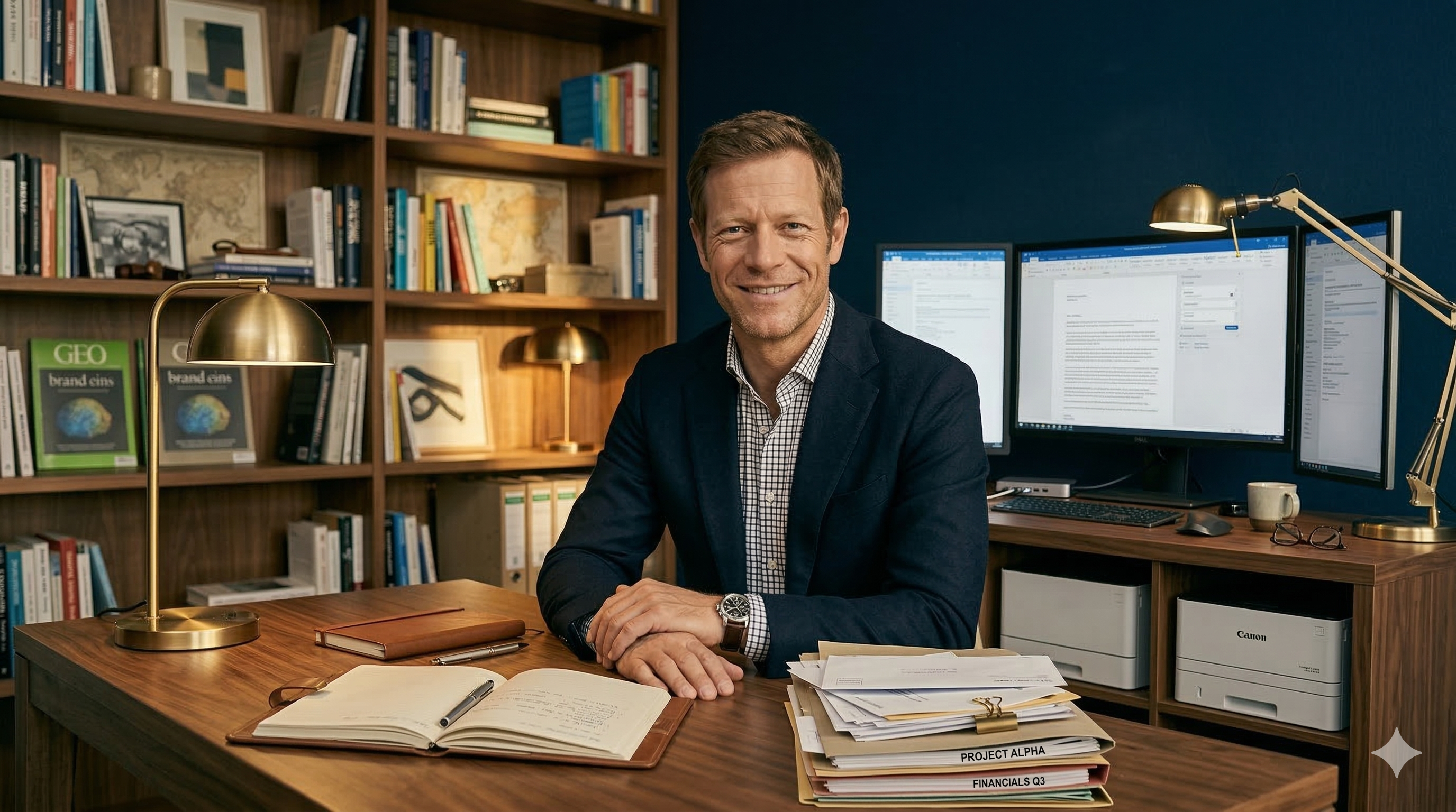 Unternehmer in entspanntem Führungsmodus mit innerer Stärke